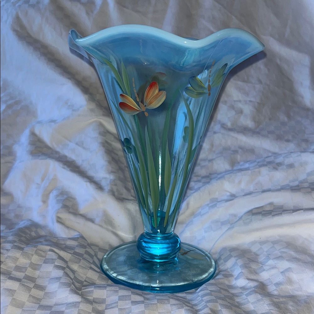 Blue Glass Vase with Floral Design